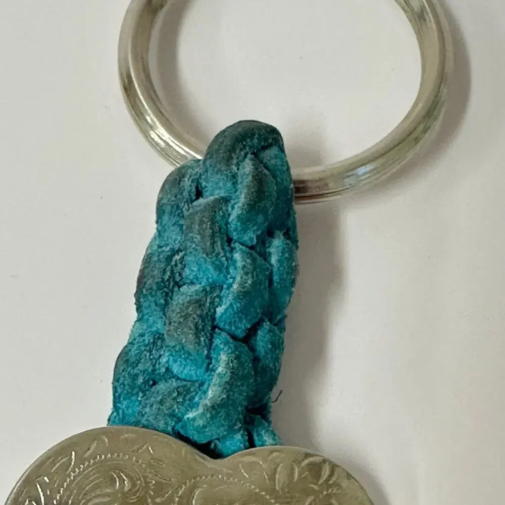 Vintage 90s handmade suede leather‎ and bead macrame Keychain heart concho boho